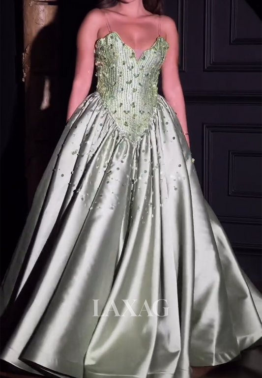 V-Neck Spaghetti Straps A-Line Prom Dress Sleeveless Beaded Sequined Satin Pleated Party Gowns