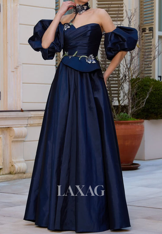 Sweetheart Sequined Floral Embellished Formal Gowns Floor-Length Satin A-Line Evening Dress