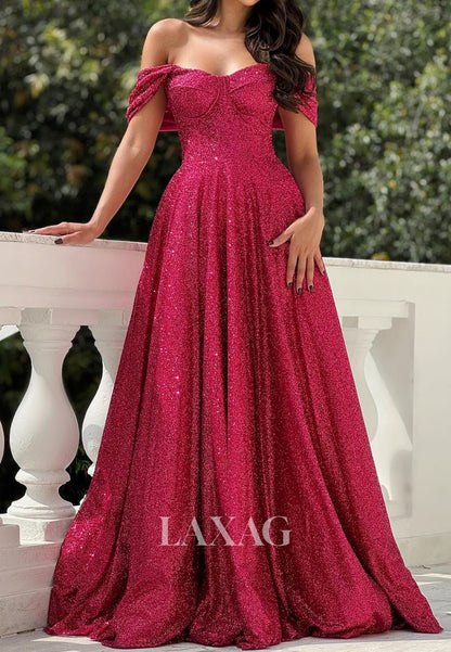 Off-Shoulder Glitter-Knit Pleated A-Line Prom Dress Sweetheart Sleeveless Floor-Length Party Gowns