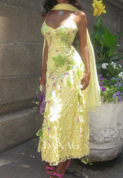 V-Neck Spaghetti Straps Mermaid Prom Dress Sleeveless Sequined Applique Chiffon Party Gowns