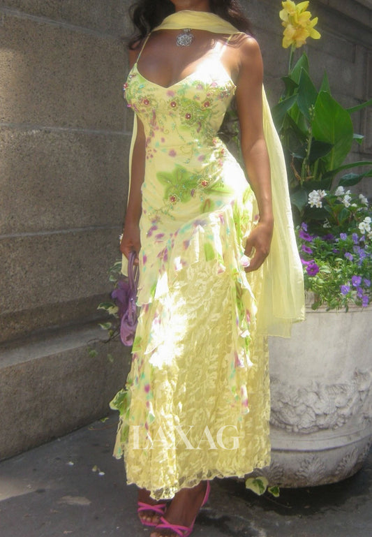 V-Neck Spaghetti Straps Mermaid Prom Dress Sleeveless Sequined Applique Chiffon Party Gowns