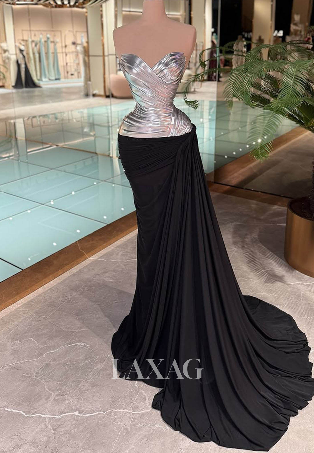 Sweetheart Sleeveless Two Tone Mermaid Evening Dress Off-Shoulder Pleated Satin Formal Gowns