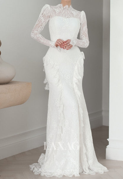 High-Neck Long-Sleeves Mermaid Wedding Dress Pleated Allover Lace Floor-Length Bride Gowns