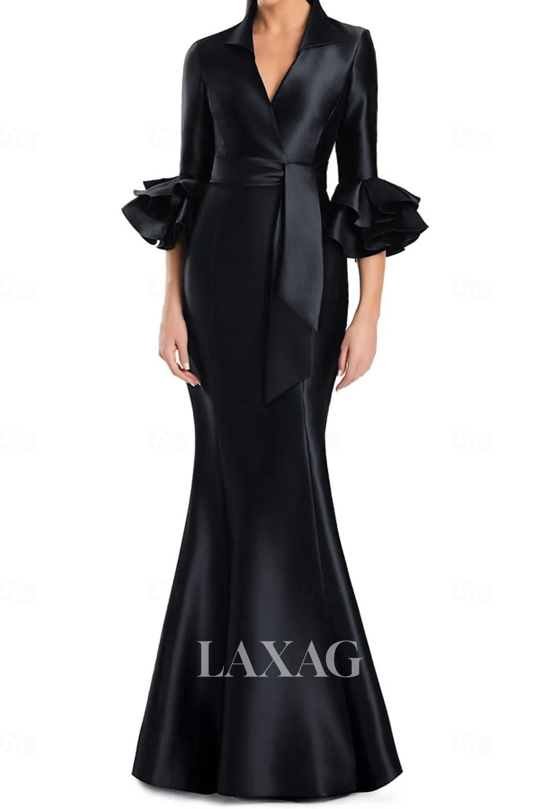 V-Neck Half-Sleeves Trumpet Mermaid Evening Dress Pleated Satin Floor-Length Formal Gowns