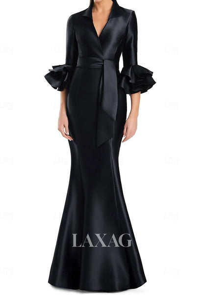 V-Neck Half-Sleeves Trumpet Mermaid Evening Dress Pleated Satin Floor-Length Formal Gowns