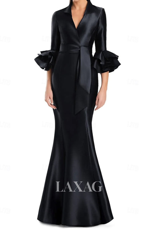 V-Neck Half-Sleeves Trumpet Mermaid Evening Dress Pleated Satin Floor-Length Formal Gowns