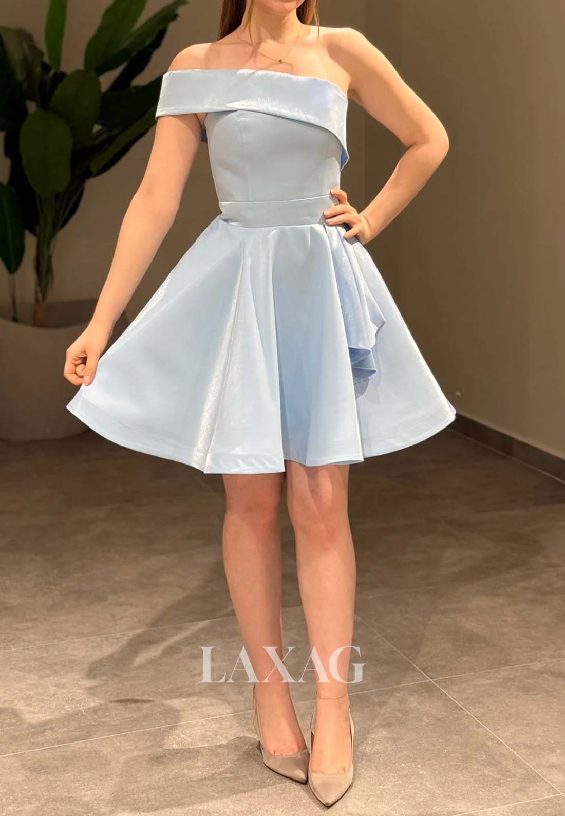 Asymmetrical-Neck Off-Shoulder Sleeveless Pleated Satin A-Line Party Homecoming Dress