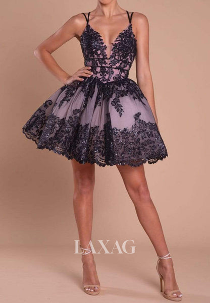 Deep V-Neck Spaghetti Straps Sequined Applique Pleated Tulle A-Line Party Homecoming Dress