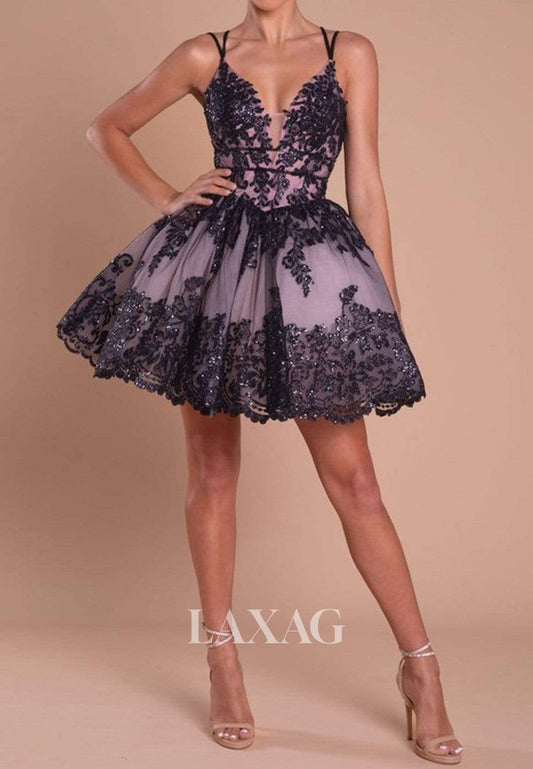 Deep V-Neck Spaghetti Straps Sequined Applique Pleated Tulle A-Line Party Homecoming Dress