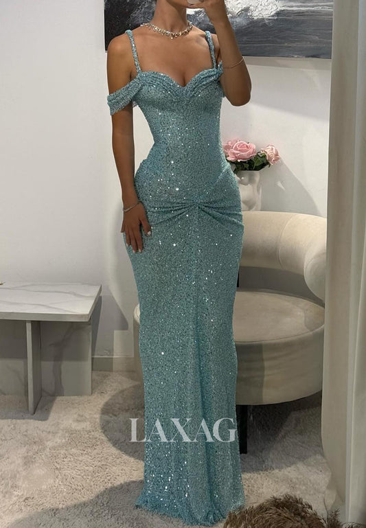 Sweetheart Fully Sequined Pleated Tulle Party Gowns Spaghetti Straps Mermaid Prom Dress