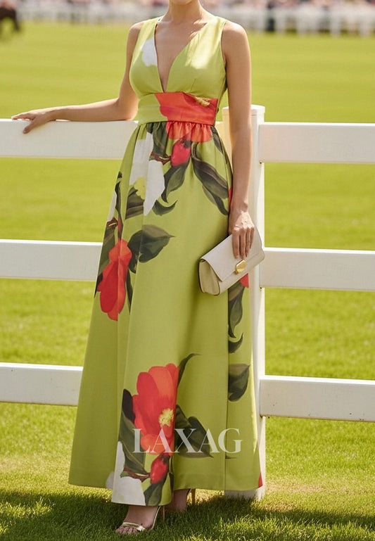 Deep V-Neck Sleeveless Print-Satin Pleated Floor-Length A-Line Mother of the Bride Dress