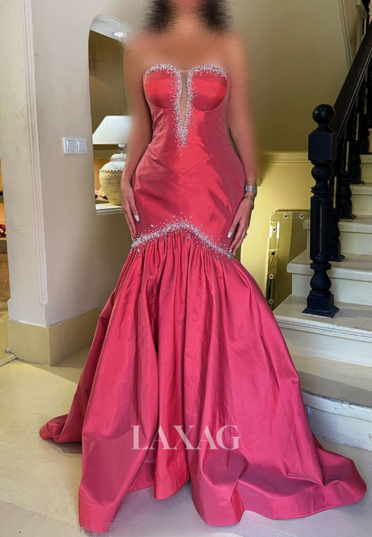 Sweetheart Off-Shoulder Sleeveless Beaded Pleated Satin A-Line Evening Dress with Sweep Train