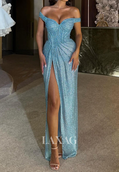 Sweetheart Off-Shoulder Sleeveless Formal Gowns Pleated Glitter-Knit High Slit Mermaid Evening Dress