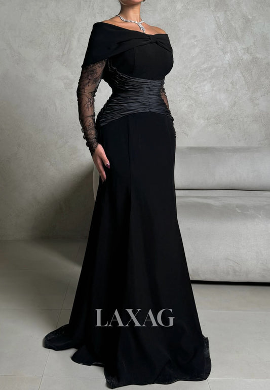 Bateau-Neck Long-Lace-Sleeves Floor-Length Pleated Satin Mermaid Evening Dress with Train