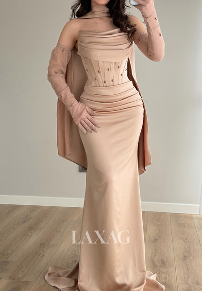 Tube Top Off-Shoulder Floor-Length Beaded Satin Pleated Mermaid Prom Dress with Gloves