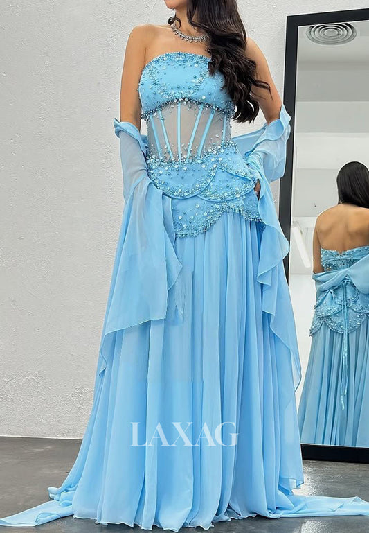 Off-Shoulder Tube Top A-Line Evening Dress Sequined Beaded Pearls Pleated Chiffon Formal Gowns