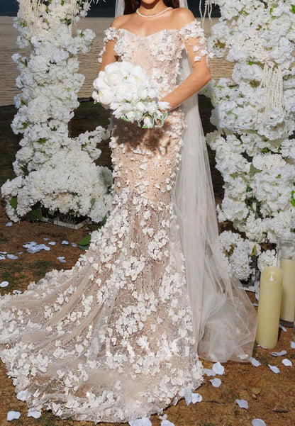 Sweetheart Long-Sleeves Bride Gowns Beaded Sequined Floral Embellished Mermaid Wedding Dress