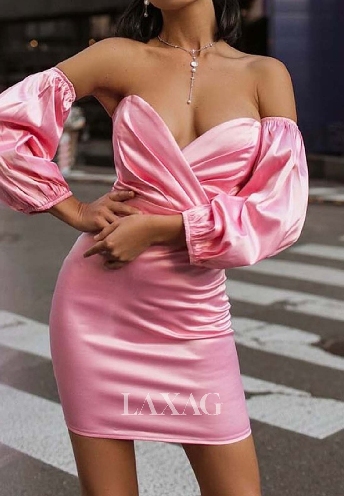 Sweetheart Off-Shoulder Pleated Satin Mermaid Party Homecoming Dress with Sleeves