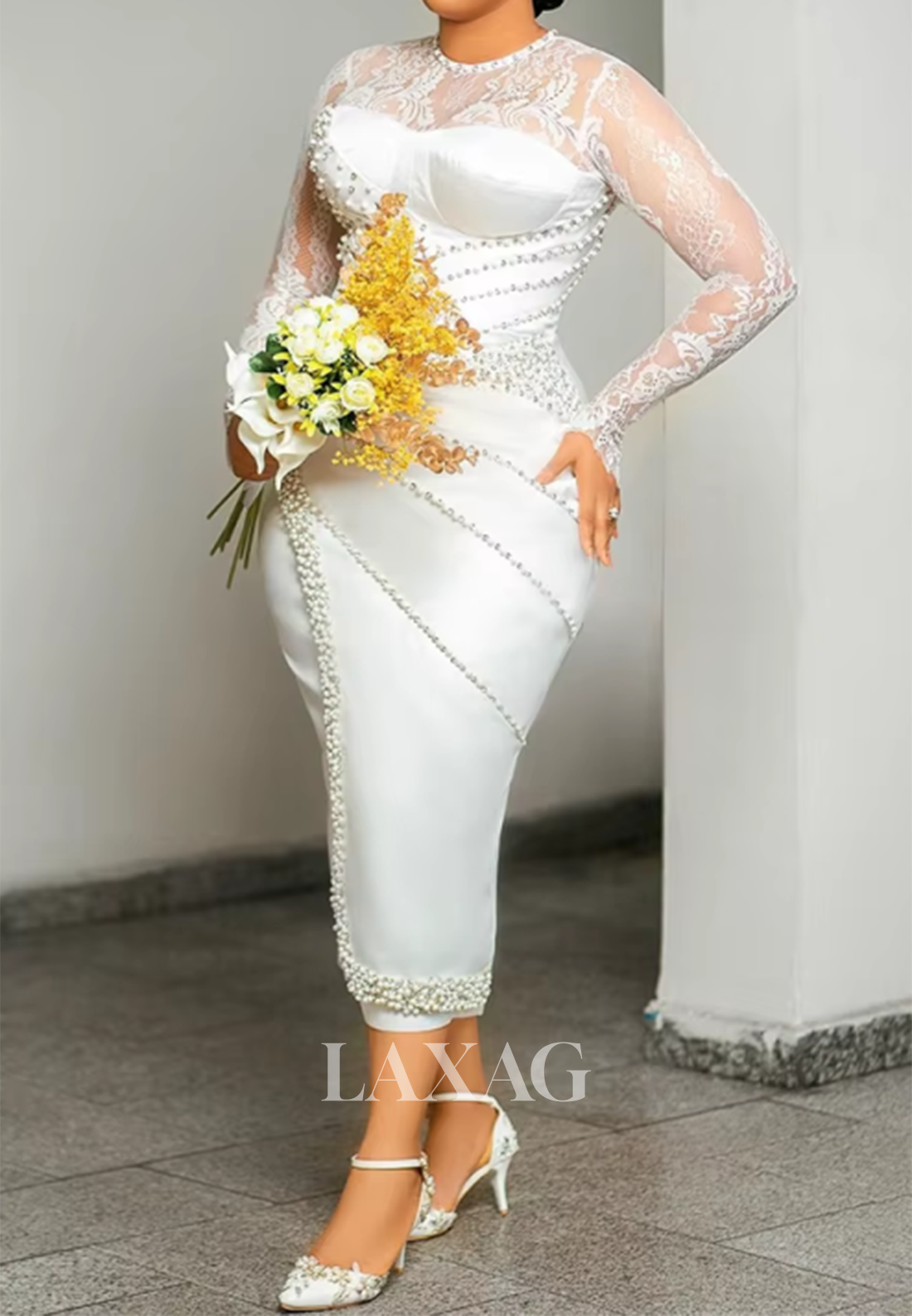 Scoop-Neck Long-Sleeves Beaded Lace&Satin Pleated Sheer Tea-Length Mermaid Wedding Dress
