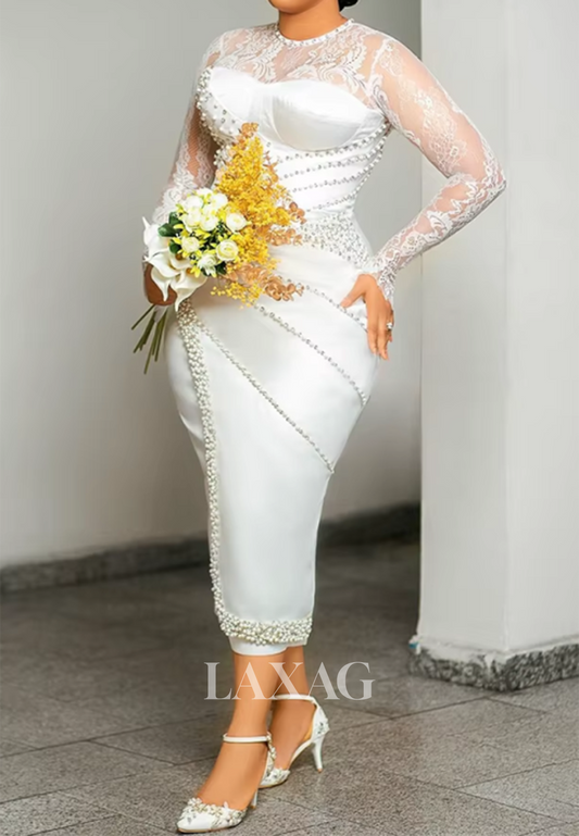 Scoop-Neck Long-Sleeves Beaded Lace&Satin Pleated Sheer Tea-Length Mermaid Wedding Dress