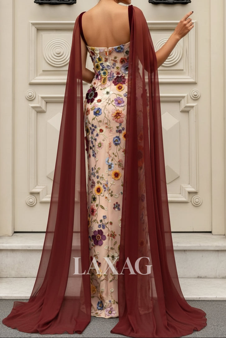 Tube Top Spaghetti Straps Cape-Sleeves Multi-Color 3D-Floral Applique Tulle Mermaid Evening Dress