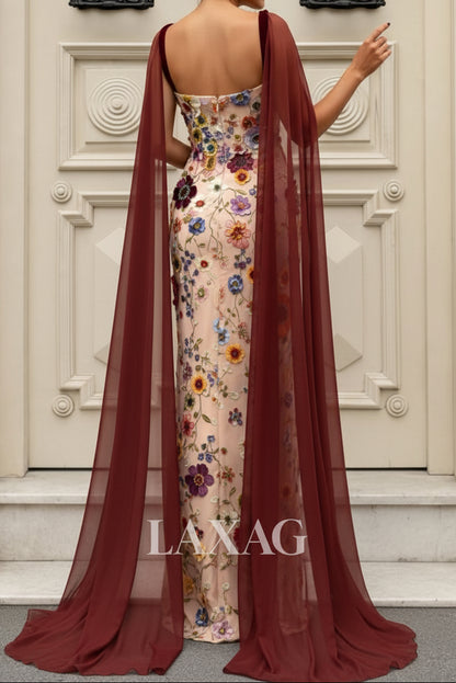Tube Top Spaghetti Straps Cape-Sleeves Multi-Color 3D-Floral Applique Tulle Mermaid Evening Dress
