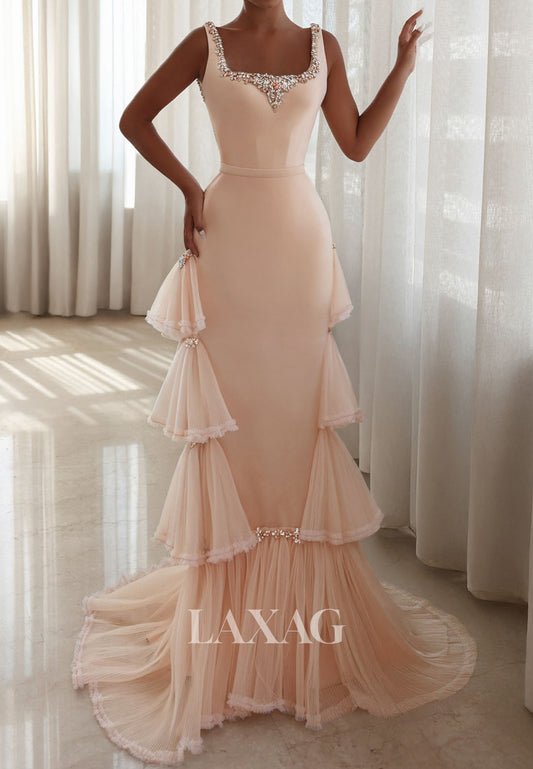 Square-Neck Straps Beaded Mermaid Evening Dress Sleeveless Pleated Tulle&Satin Formal Gowns