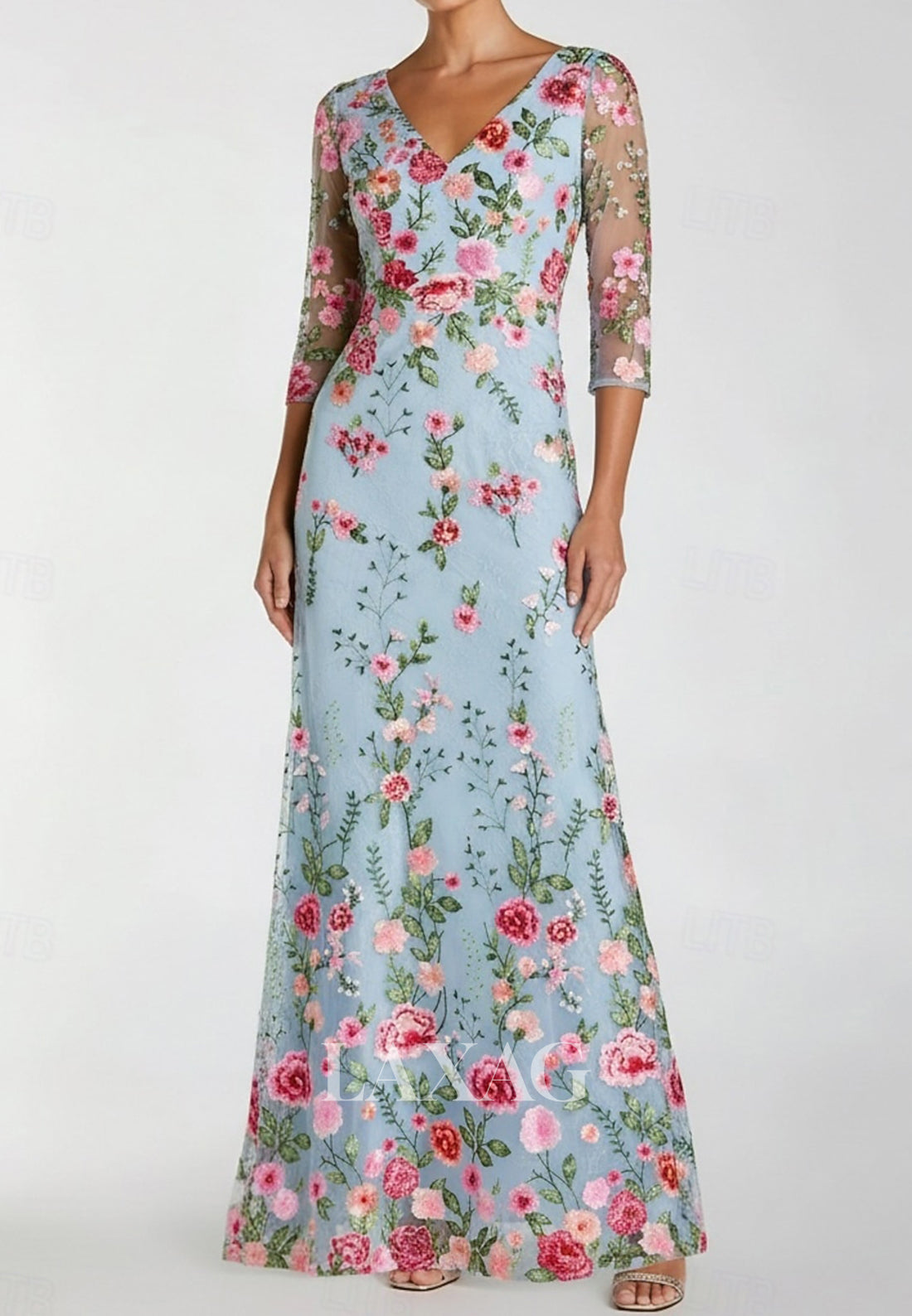V-Neck Half-Sleeves Multi-Color Embroidered Floor-Length A-Line Mother of the Bride Dress