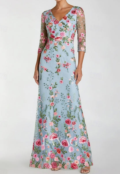 V-Neck Half-Sleeves Multi-Color Embroidered Floor-Length A-Line Mother of the Bride Dress