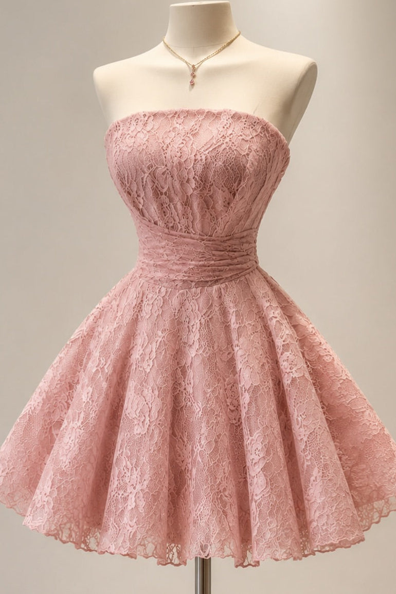 Strapless Lace Mini Dress with Waistband Detail