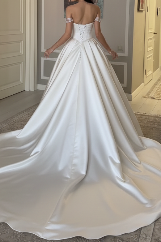 Sweetheart Sleeveless Beaded Sequined Satin Pleated A-Line Wedding Dress with Train