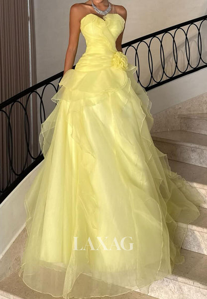 Off-Shoulder Sweetheart Sleeveless Formal Gowns Pleated Tulle Tiered A-Line Evening Dress