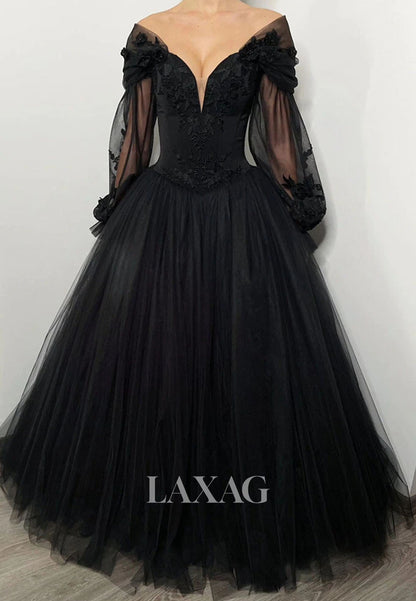 Off-Shoulder Applique Pleated Tulle Formal Gowns V-Neck Long-Sleeves A-Line Wedding Dress