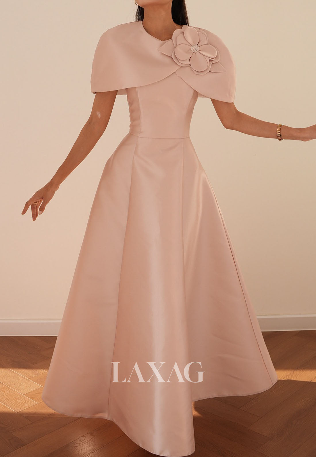 Scoop-Neck Sleeveless Floral Embossed Satin Ankle-Length A-Line Evening Dress with Overlay