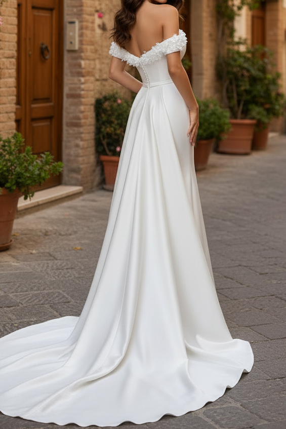 Bateau-Neck Sleeveless 3D-Floral Applique Satin Mermaid Wedding Dress with Train