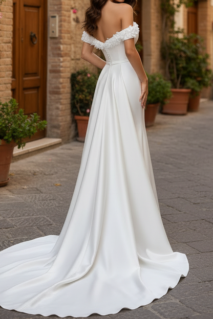 Bateau-Neck Sleeveless 3D-Floral Applique Satin Mermaid Wedding Dress with Train