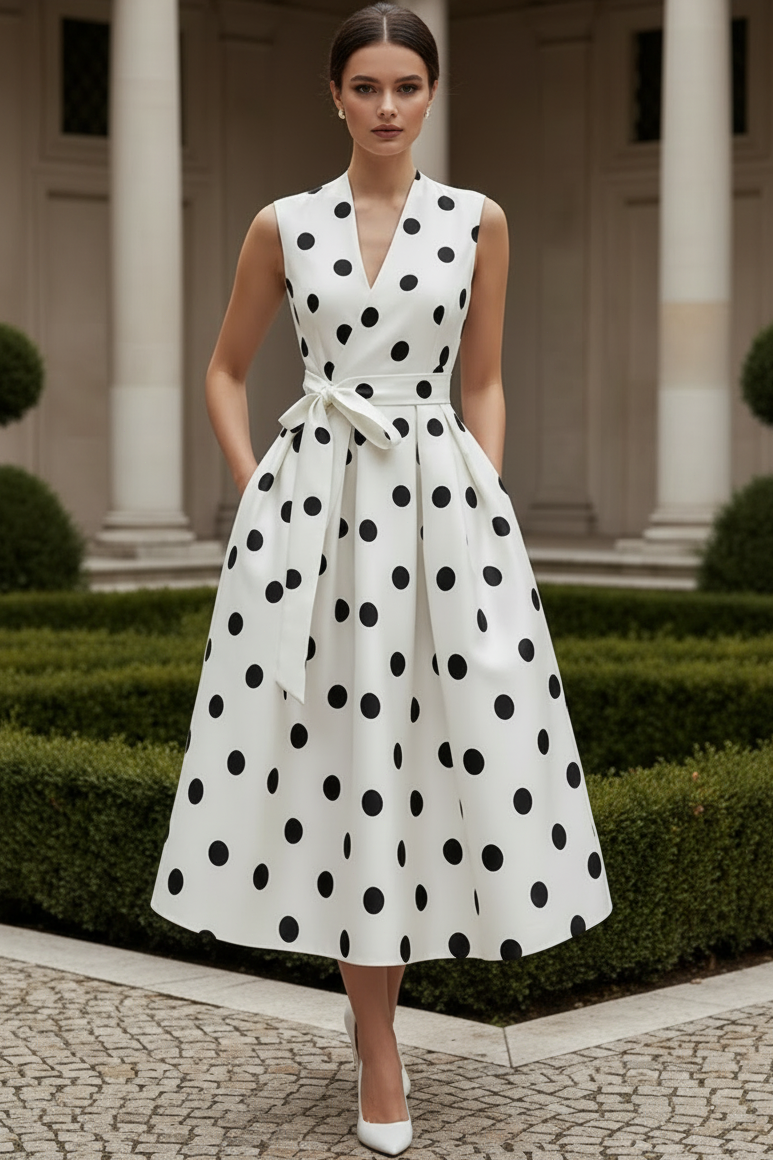 V-Neck Sleeveless Tea-Length Polka Dot Satin Pleated A-Line Wedding Guest Dress