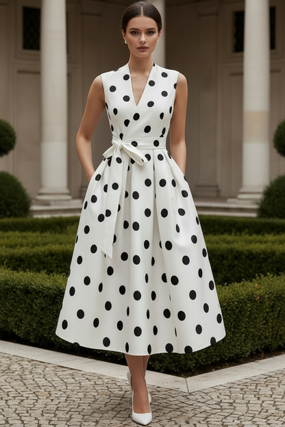 V-Neck Sleeveless Tea-Length Polka Dot Satin Pleated A-Line Wedding Guest Dress