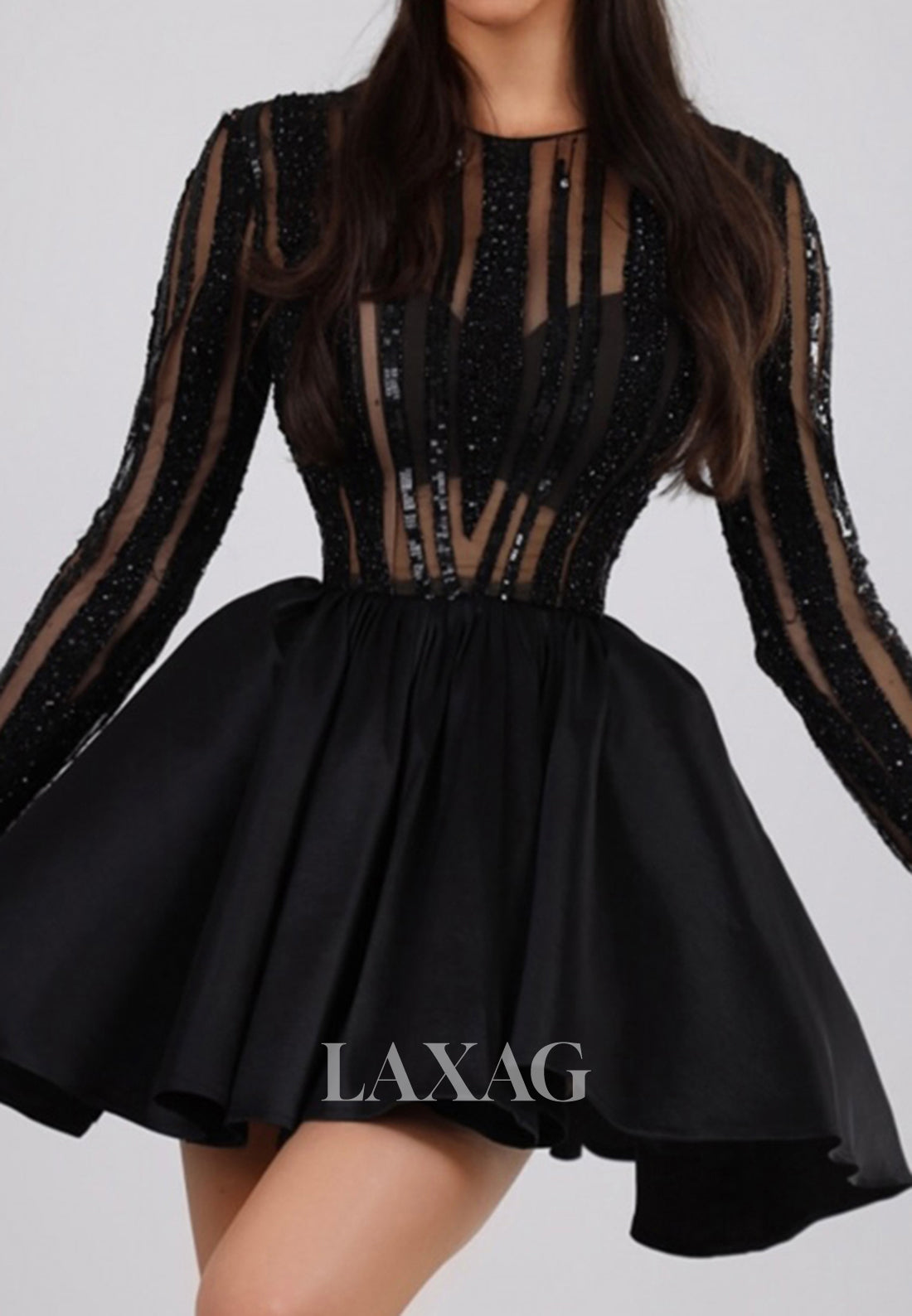 Scoop-Neck Long-Sleeves Applique Sheer Pleated Satin A-Line Party Homecoming Dress