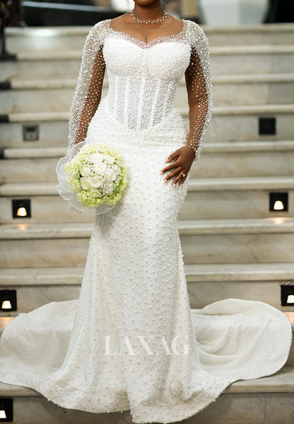 Sweetheart Long-Sleeves Fully Beaded Tulle&Satin Mermaid Wedding Dress with Train