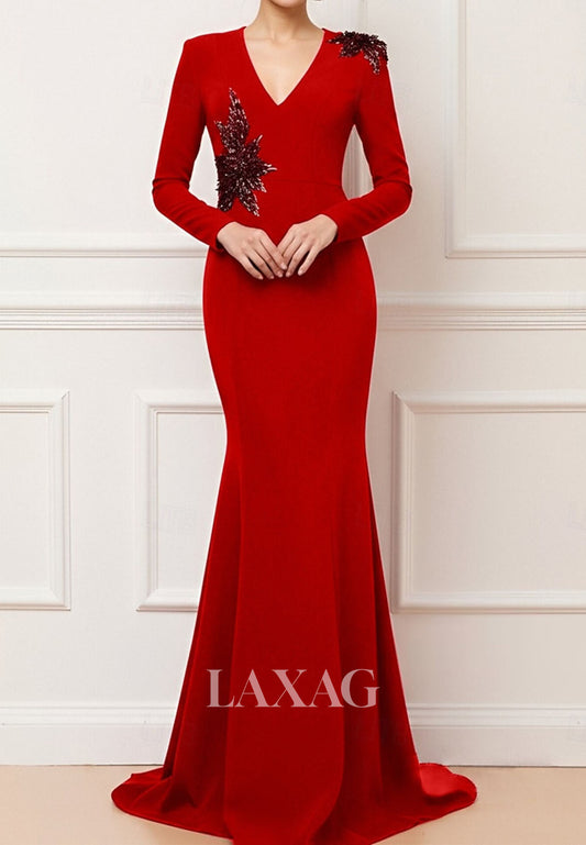 V-Neck Long-Sleeves Satin Formal Gowns Sequined Applique Sweep Train Mermaid Evening Dress