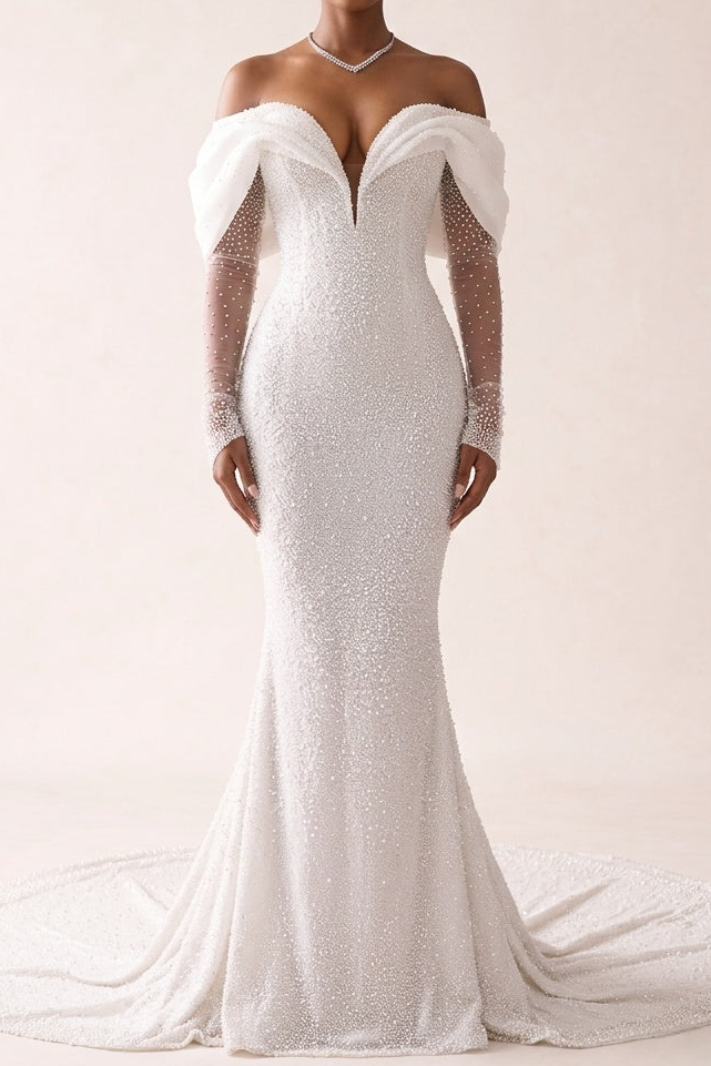 Sweetheart Long-Sleeves Fully Beaded Satin&Tulle Pleated Mermaid Wedding Dress