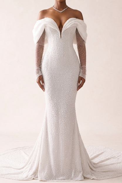 Sweetheart Long-Sleeves Fully Beaded Satin&Tulle Pleated Mermaid Wedding Dress