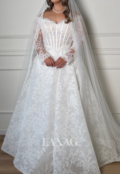 Sweetheart Long-Sleeves A-Line Wedding Dress Off-Shoulder Allover Lace Pleated Bride Gowns
