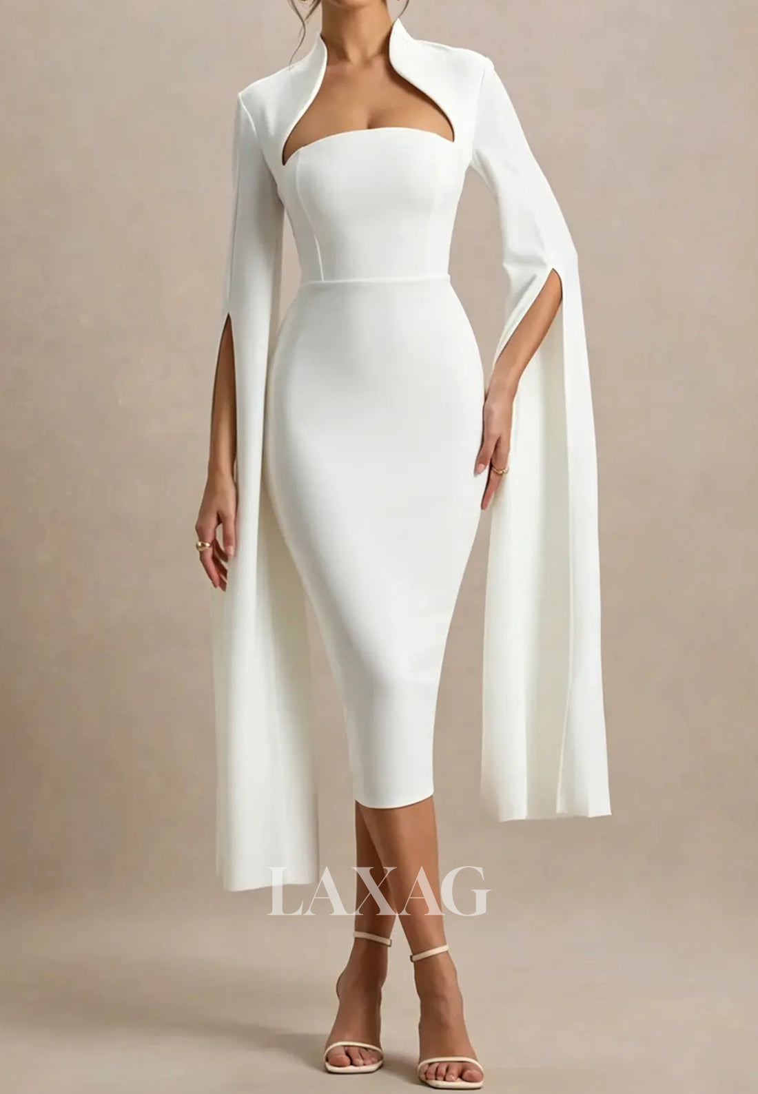 Tube Top Cape-Sleeves Tea-Length Satin Simple Mermaid Wedding Dress with Slit