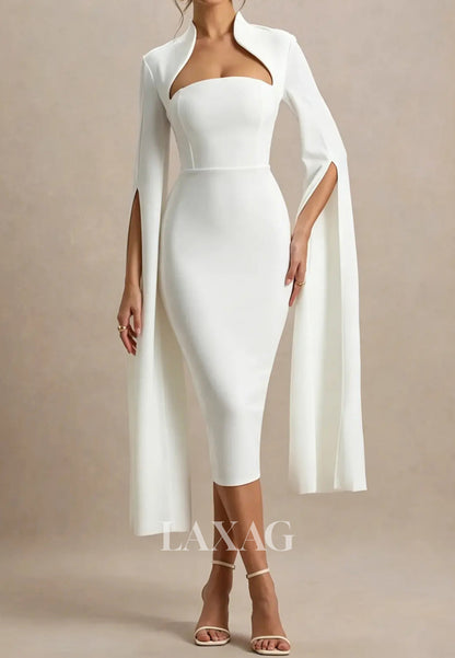 Tube Top Cape-Sleeves Tea-Length Satin Simple Mermaid Wedding Dress with Slit