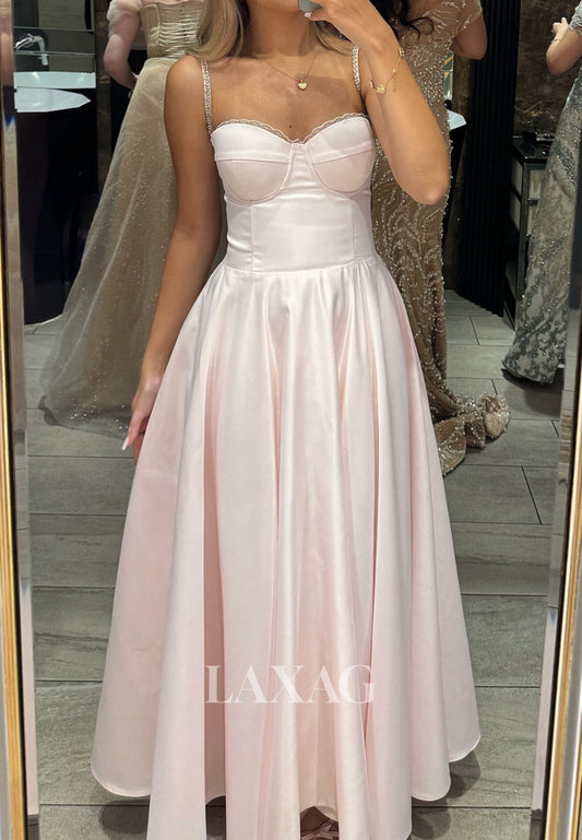 Sweetheart Sleeveless Floor-Length Party Gowns Spaghetti Straps Beaded Satin A-Line Prom Dress