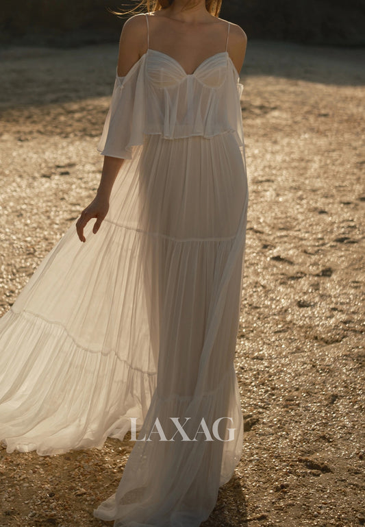 Sweetheart Spaghetti Straps Tulle Pleated Sheer Floor-Length Fitted Wedding Dress