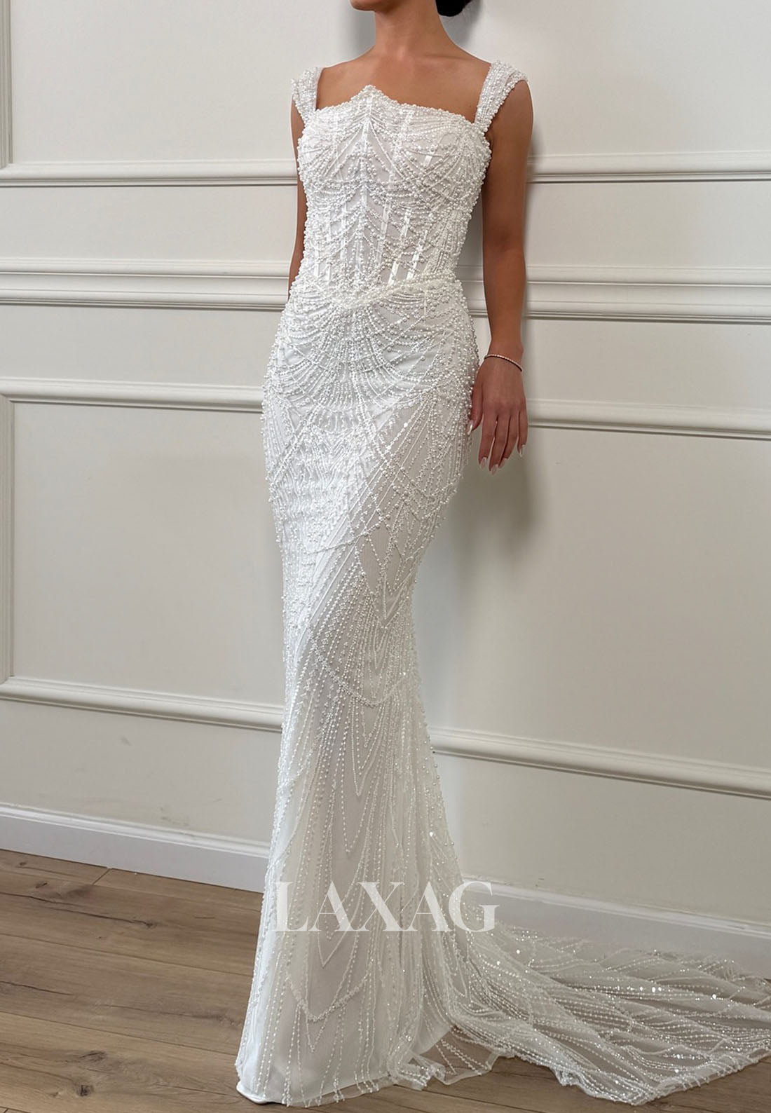 Tube Top Straps Sleeveless Fully Beaded Pearls Mermaid Wedding Dress with Sweep Train