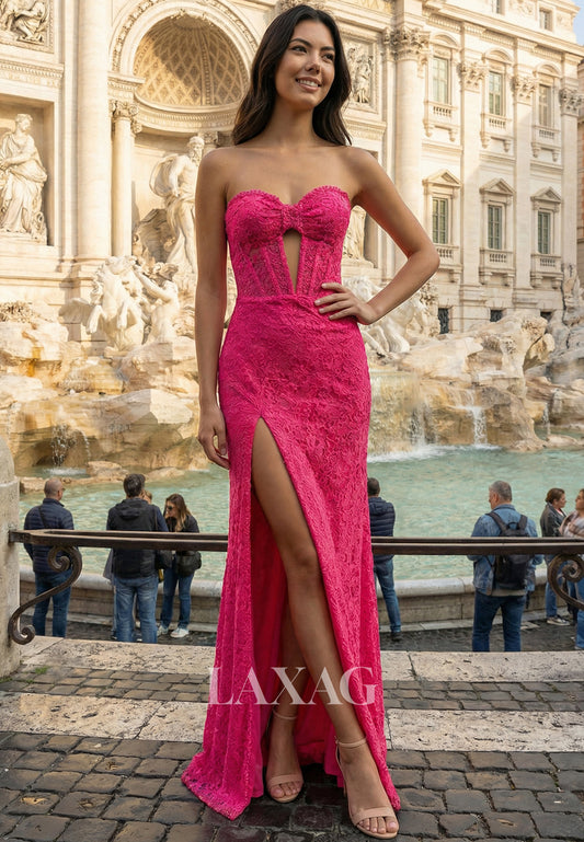 Sweetheart Off-Shoulder Sleeveless Floor-Length Allover Lace Cutout High Slit Mermaid Prom Dress